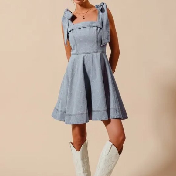✨NWT SO ME A Line Fit and Flare‎ Diamond Bow Ribbon Denim Dres - Picture 8 of 10